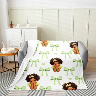 Cartoon Girls with Green Blanket Featuring Princesses and Bows