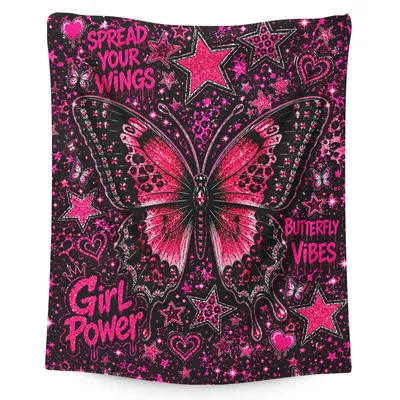 Pink Butterfly Girl Power Blanket with Spread Your Wings Art