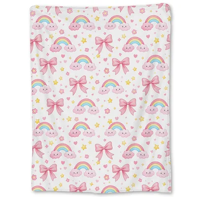 Pink Bows and Rainbows Blanket featuring smiling clouds