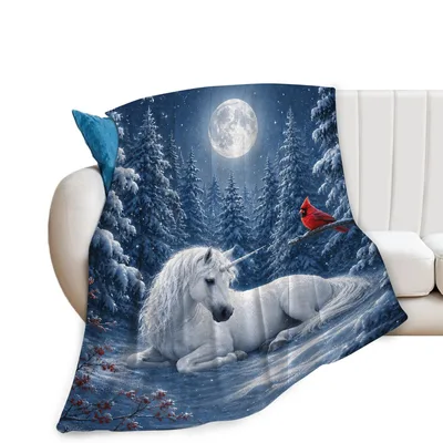 Unicorn Blanket with a Moonlit Snowy Forest Scene