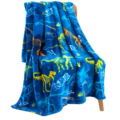 Dino Bones Blanket: Fossil Skeletons in Blue and Yellow