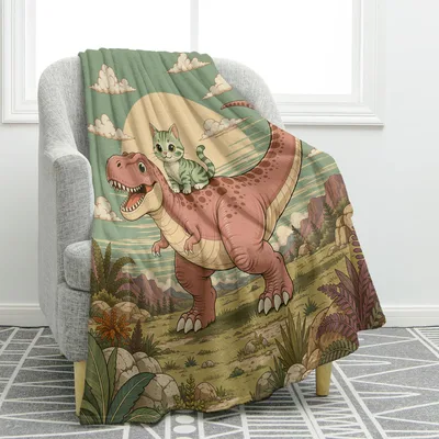 Kitten Riding Dinosaur Blanket for Cat and Dino Fans