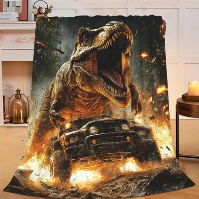 T Rex Attack Blanket: Dinosaur Truck Explosion Print
