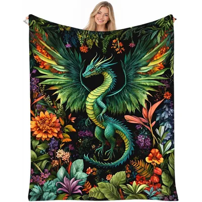 Dragon Jungle Blanket: A Green Dragon Among Tropical Blooms