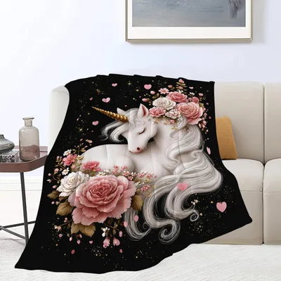 Sleeping Unicorn Blanket with Pink Roses and Gold Horn