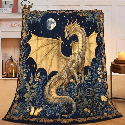 Mythical Dragon Blanket with Golden Wings and Moonlit Sky