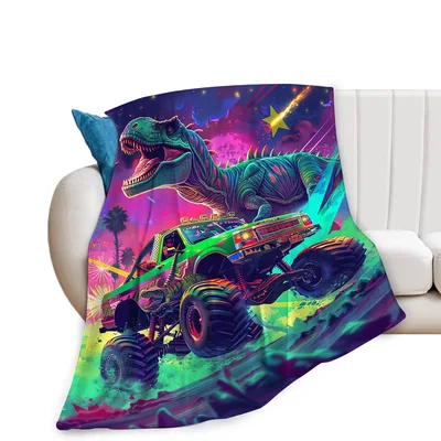 Dinosaur Monster Truck Blanket: Neon T-Rex and Hot Rod Throw