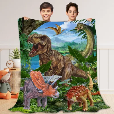 Prehistoric Jungle Blanket: Dinosaurs in a Lush Green Forest