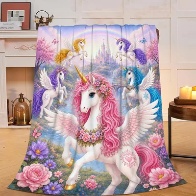 Unicorn Fantasy Blanket with Pegasus Scene