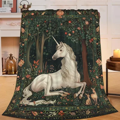 Medieval Unicorn Blanket: A Forest Tapestry Throw