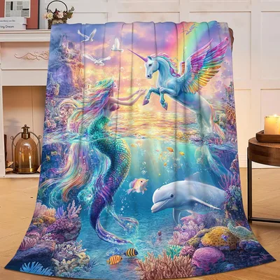Mermaid Unicorn Blanket with a Sunset Ocean Scene