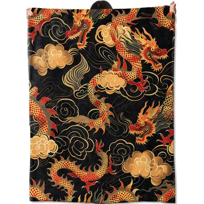 Dragon Clouds Asian Design Blanket: Fiery Scales and Swirling Clouds
