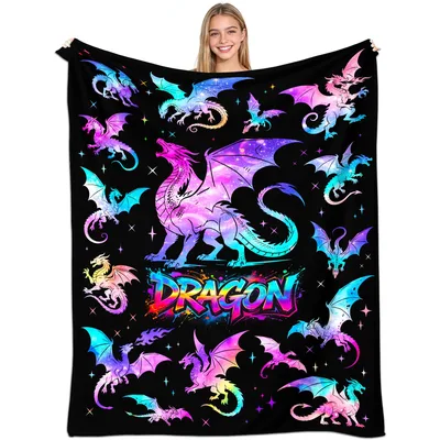 Neon Dragon Blanket: Glowing Dragons on Black