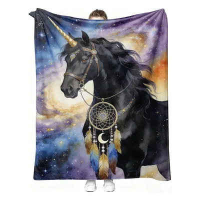 Black Unicorn Blanket with a Galaxy Dreamcatcher Design