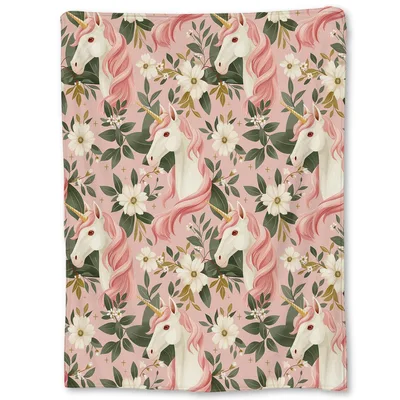 Pink Unicorn Blanket with Floral Pattern