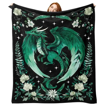 Green Dragon with Flowers Blanket for Dragon Lovers