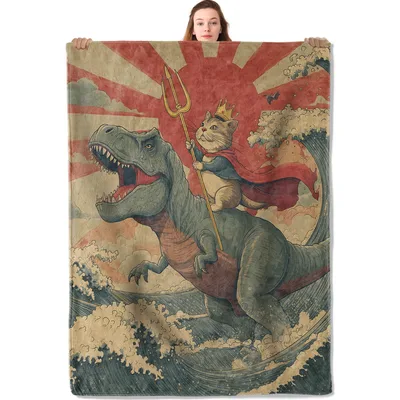 Cat King Riding Dinosaur Blanket for Animal Lovers
