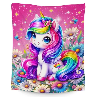 Rainbow Unicorn in Daisy Blanket featuring a cute white pony