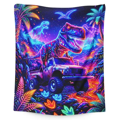 Neon Dinosaur Truck Blanket: Neon T-Rex on Off-Road Vehicle