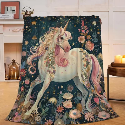 Unicorn Among Flowers Blanket featuring a white horse