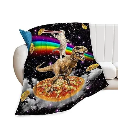 Cat Riding Dinosaur Galaxy Pizza Blanket for Space Lovers