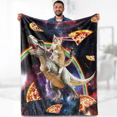 Cat Riding Dinosaur Eating Blanket featuring a laser-eyed cat