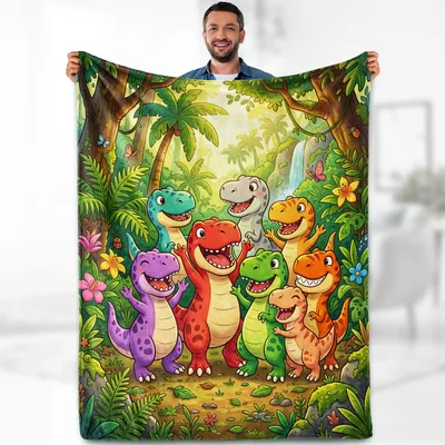Cute Dinosaurs in Jungle Blanket: Colorful Dinosaur Group Art