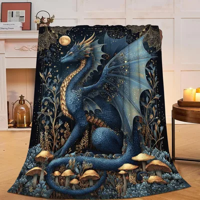 Blue Dragon with Mushrooms Blanket: Fantasy Art for Cozy Nights