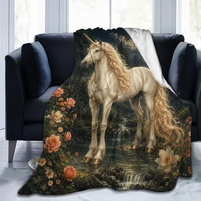 Unicorn in Moonlit Forest Blanket: Enchanted White Horse Art