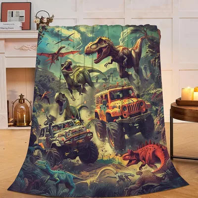 Dinosaurs Chasing Jeep Scene Blanket: Prehistoric Adventure Throw