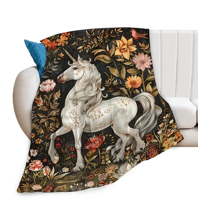 Unicorn in Floral Forest Blanket
