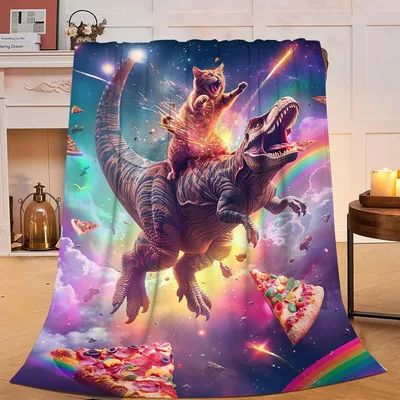 Dinosaur Riding Cat Blanket: Cosmic T-Rex and Pizza Adventure