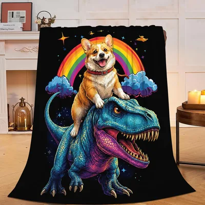 Corgi Riding Dinosaur Under Blanket: Whimsical T-Rex Art