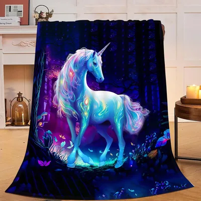 Glowing Unicorn in Night Blanket: Ethereal Forest Art for Dreamers