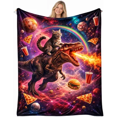 Cat Riding Dinosaur Blanket: Cosmic T-Rex and Tabby Adventure
