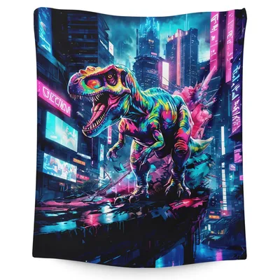 Neon Dinosaur in City Blanket: Cyberpunk T-Rex Art