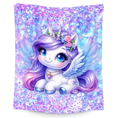 Winged Unicorn on Sparkly Blanket: Glittery Pegasus with Purple Mane