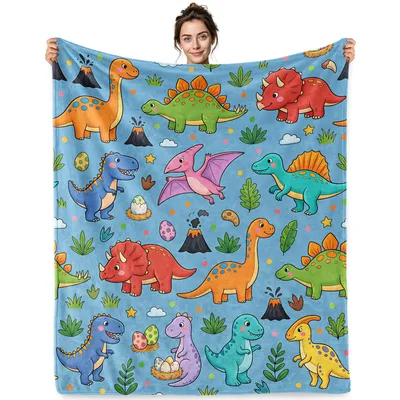 Cartoon Dinosaurs on Blue Blanket: Cute Dinosaur Pattern Throw