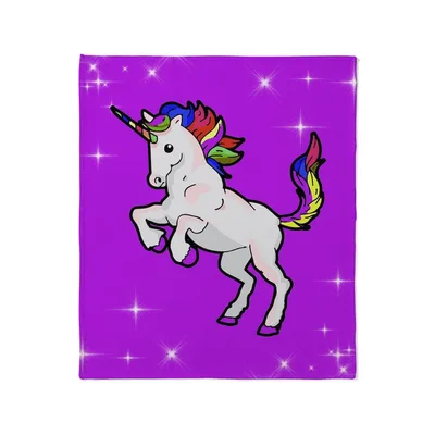 White Unicorn on Purple Blanket Rearing Against Sparkles