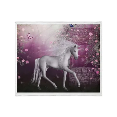 White Unicorn in Rose Blanket: Enchanted Garden Art for Fantasy Lovers