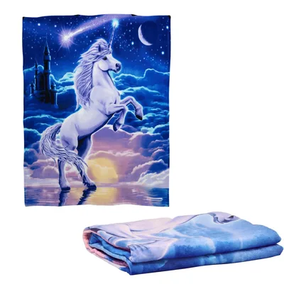 Rearing Unicorn Night Scene Blanket: Magical Horse and Castle