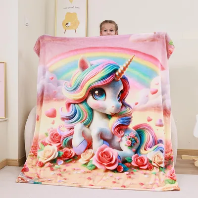 Unicorn Roses Rainbow Blanket features a pastel unicorn