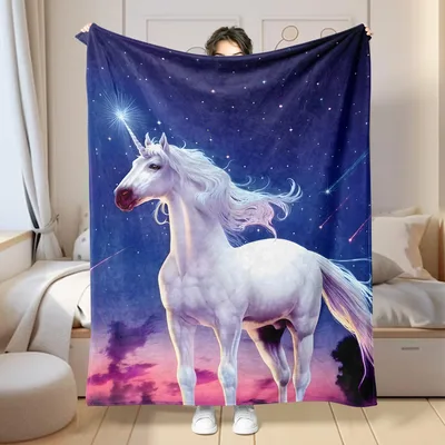 Unicorn Under Starry Sky Blanket: Magical White Horse Design