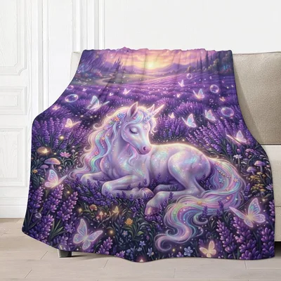 Unicorn in Lavender Field Blanket: Dreamy Purple Meadow Art