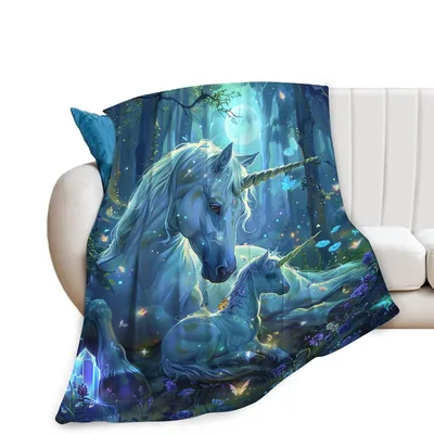 Magical Unicorn Forest Blanket featuring a serene mother unicorn