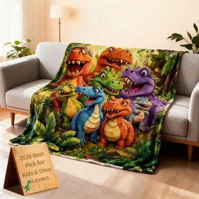 Cute Smiling Dinosaurs Forest Blanket for Happy Kids and Dino Lovers