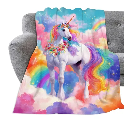 Rainbow Unicorn in Clouds Blanket: A Magical Fantasy Print