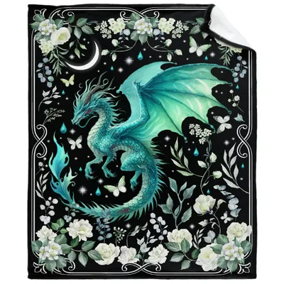 Dragon with Flowers Blanket: Teal Dragon and White Floral Art