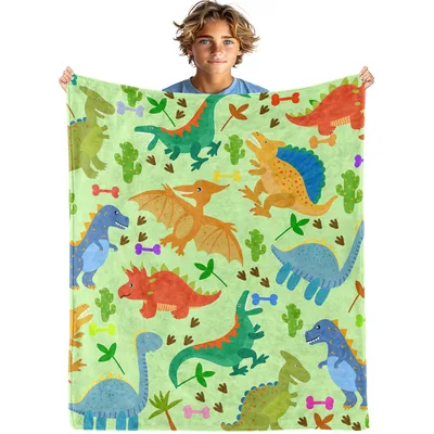 Green Dinosaur Blanket: Cartoon Dino Pattern for Kids