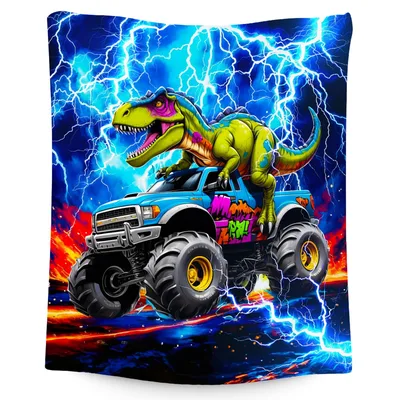 Dinosaur Monster Truck Lightning Blanket features a green